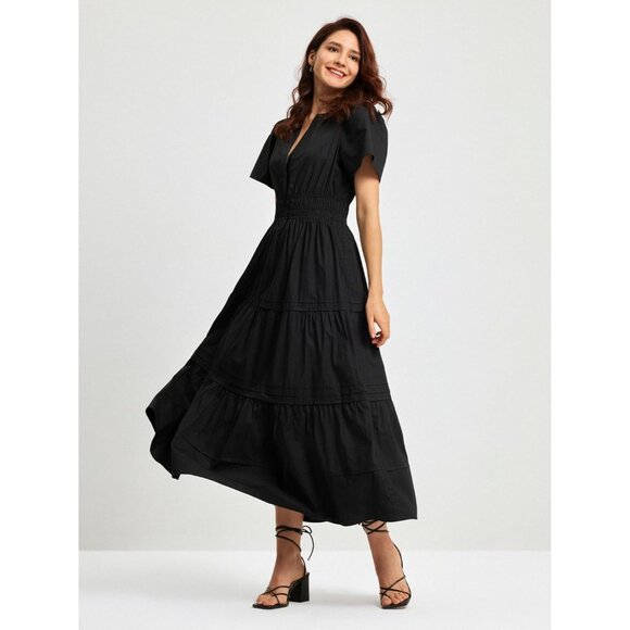 Women's Black Cotton Maxi Dress with V Neck Short Sleeves Flowy Summer - Picture 5 of 6